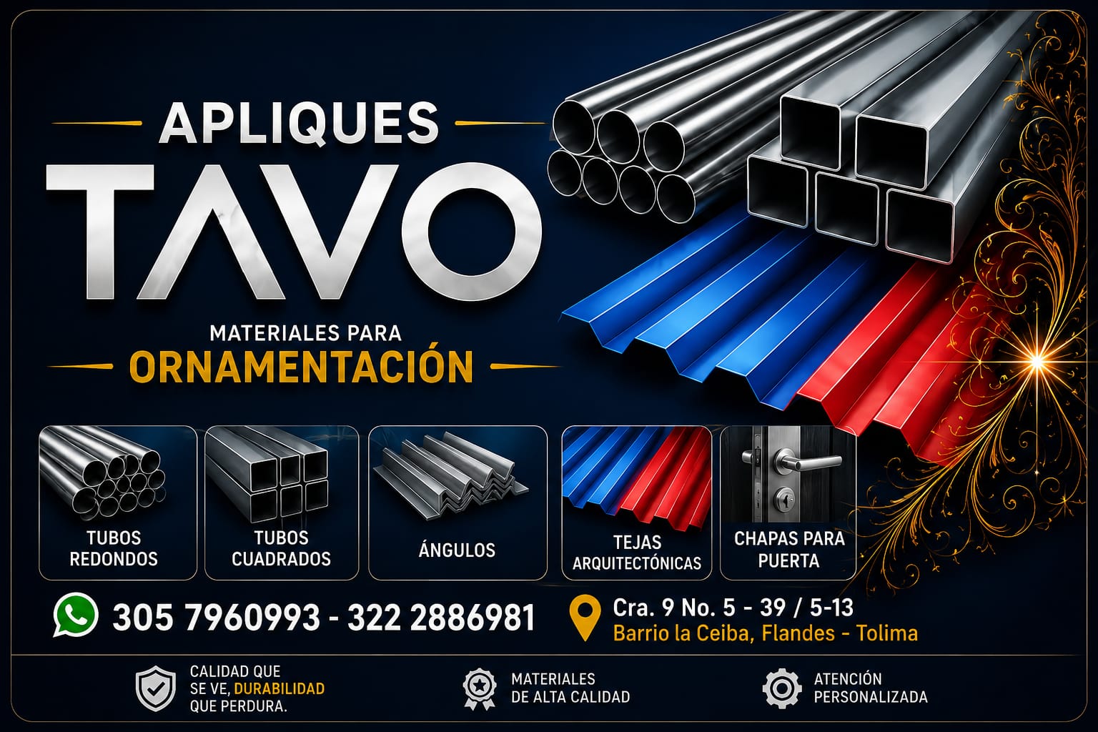 Apliques Tavo — Materiales para ornamentación: tubos, tejas arquitectónicas, chapas y más. Flandes, Tolima